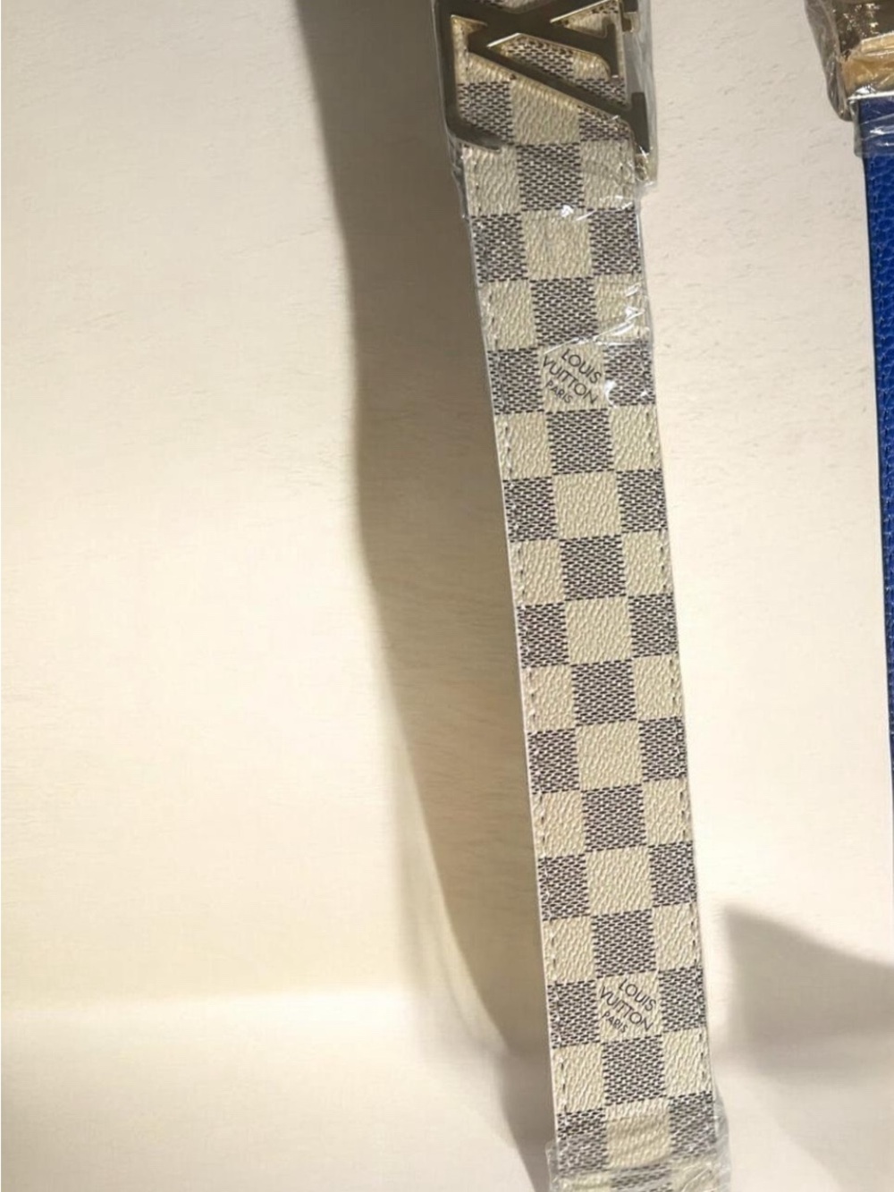 Louis Vuitton Damier Azur Belt with Gold LV Buckle - Cream/Blue